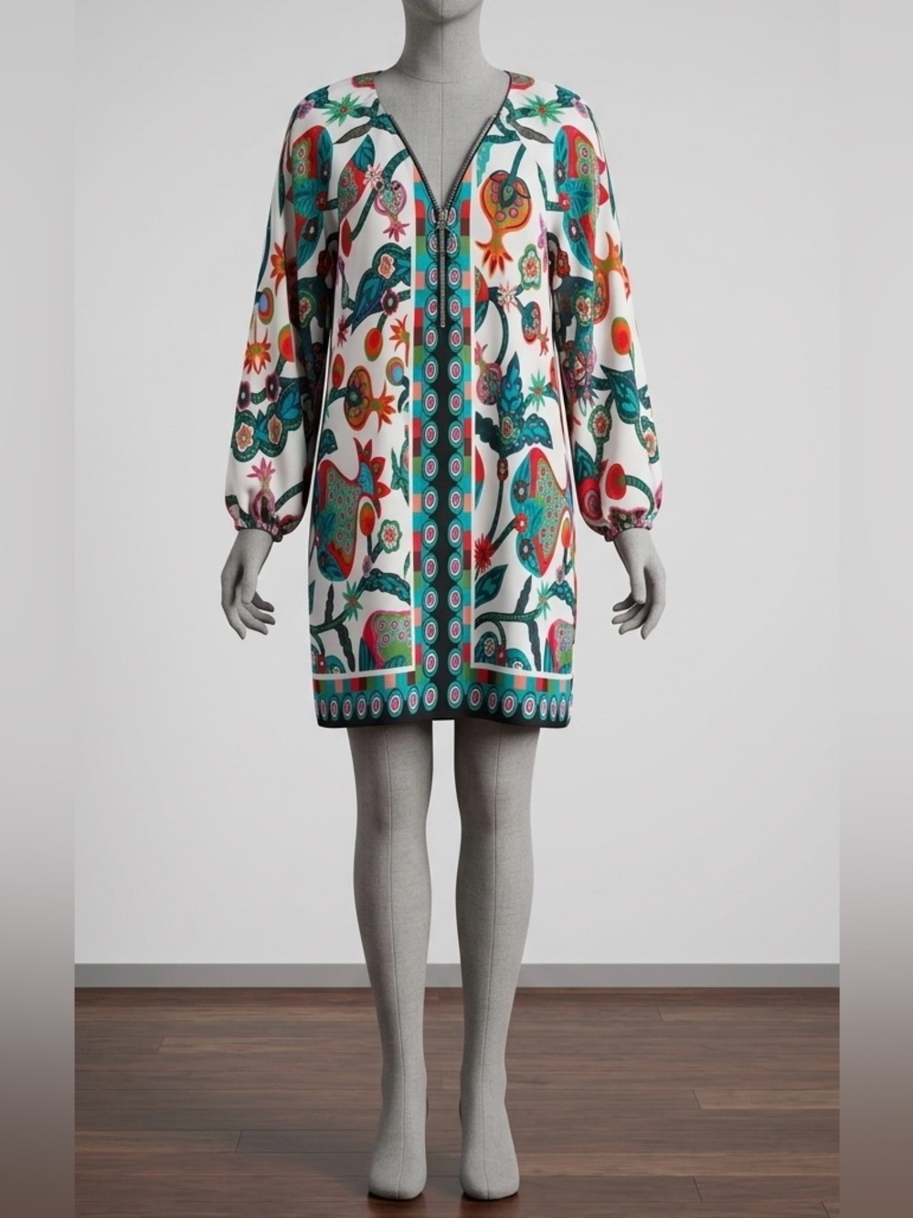 Zele White Floral & Teal Zip-Front Mini Dress